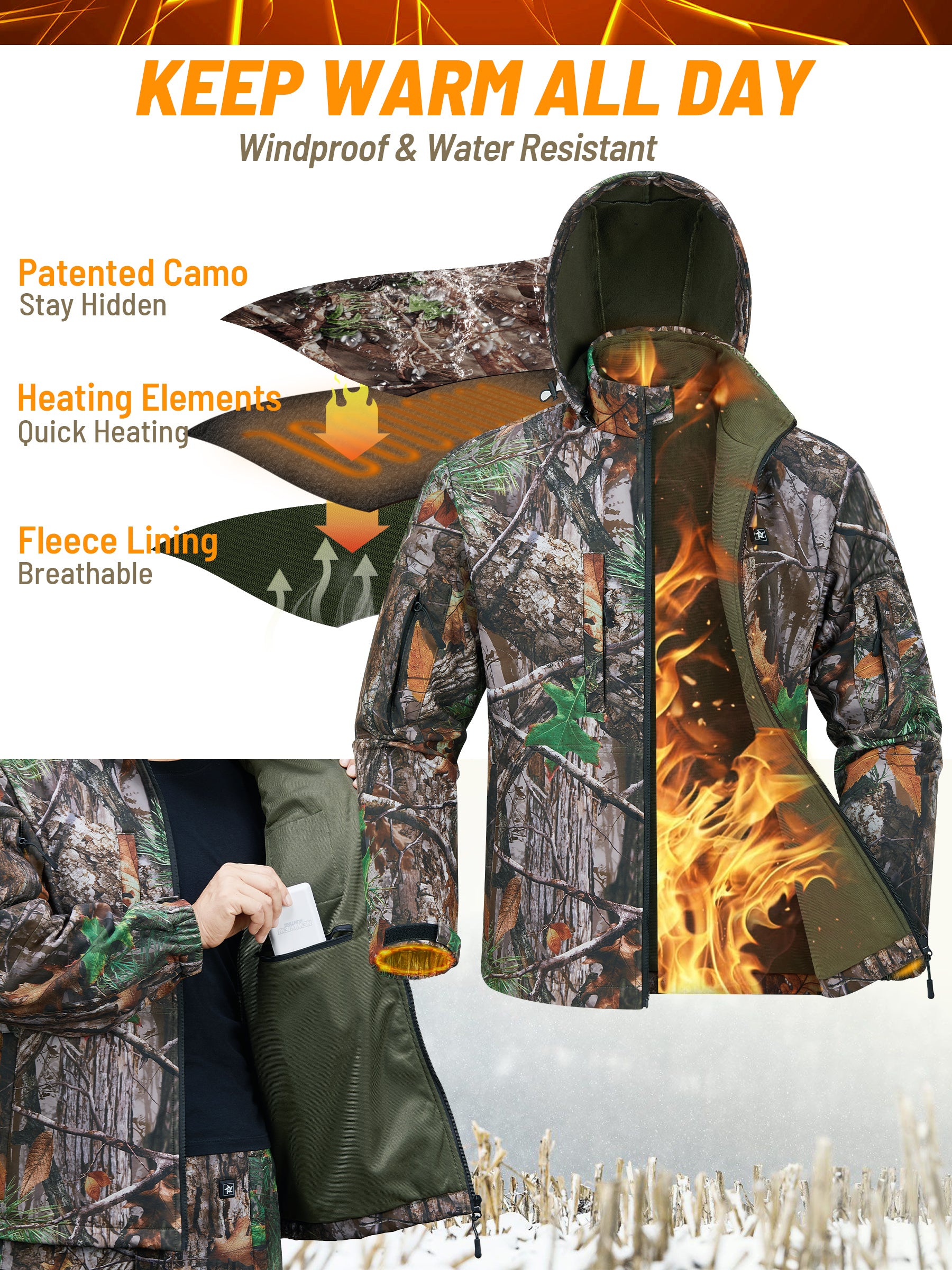 Camo Heated Hunting Pants for Men with Battery Pack - M / Black