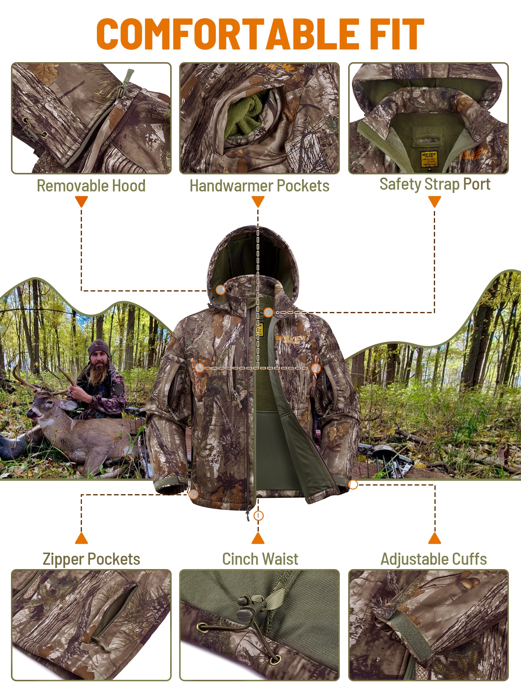 Quiet and Water Resistant Camo Hunting Jacket for Men with Fleece Lining XXL NV Leaf