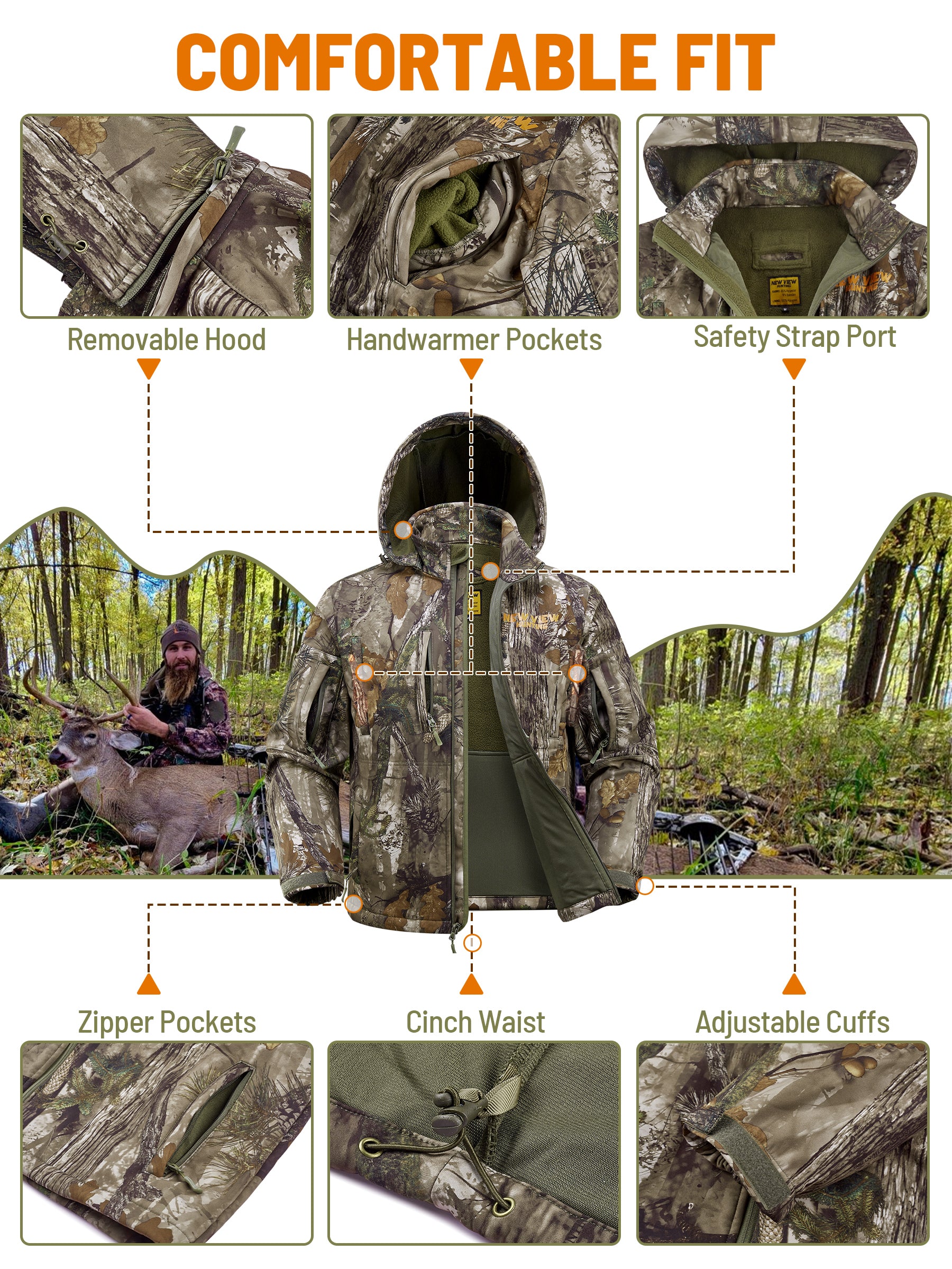 Quiet and Water resistant Camo Hunting Jacket for Men with Fleece Lini New View Hunting