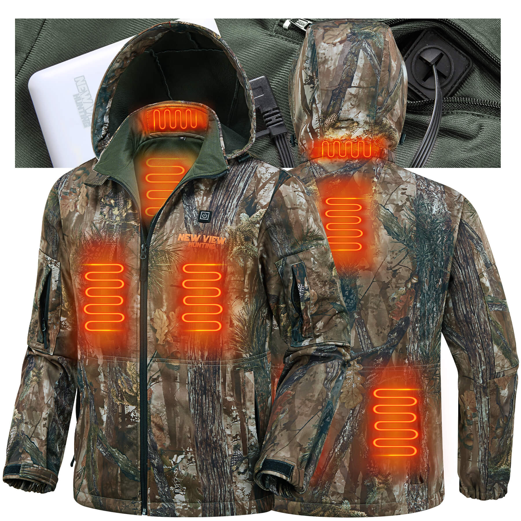 Men s Heated Jacket for Hunting 6 Heating Zones Power Bank Included New View Hunting