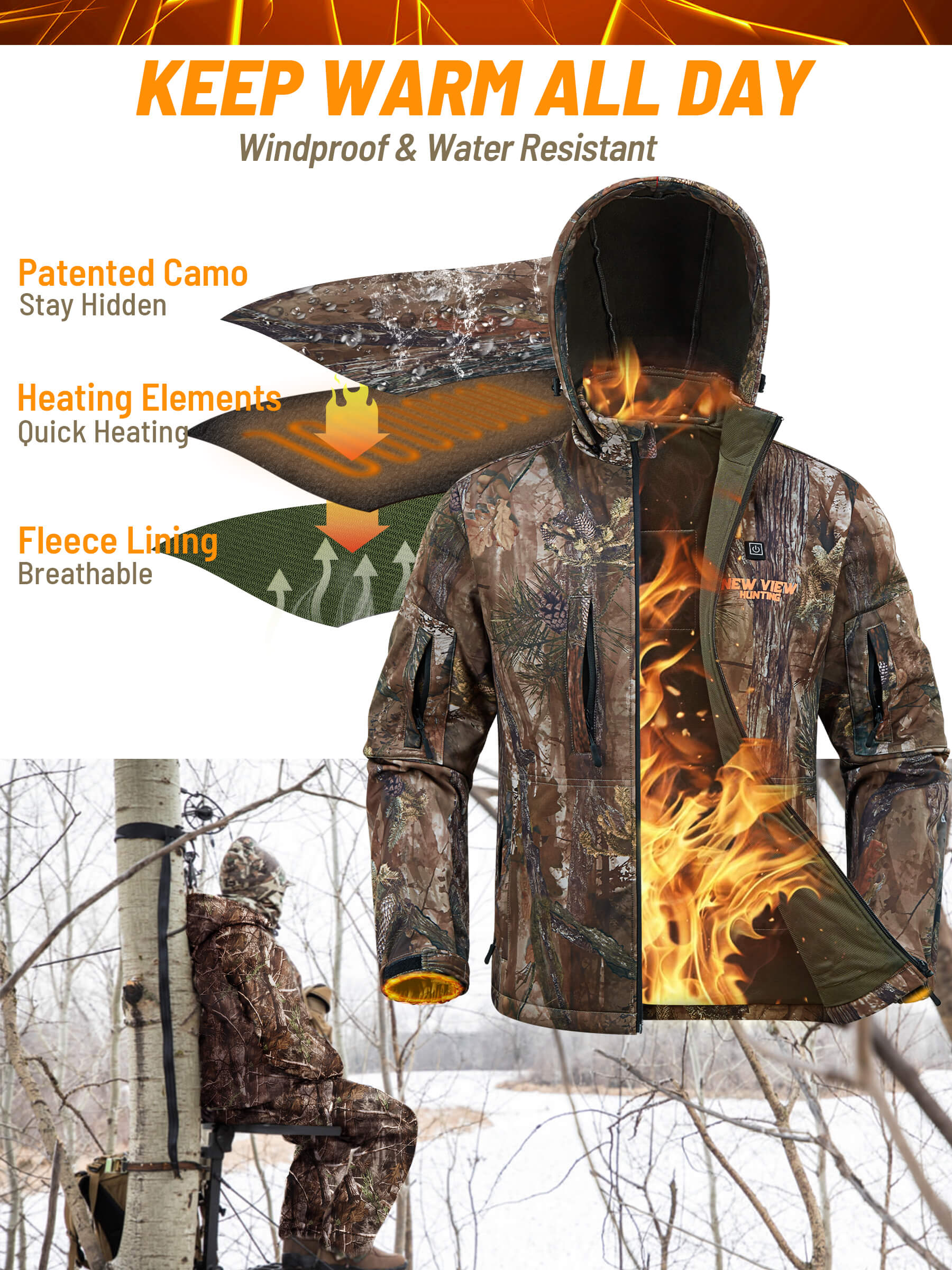 Men s Heated Jacket for Hunting 6 Heating Zones Power Bank Included New View Hunting